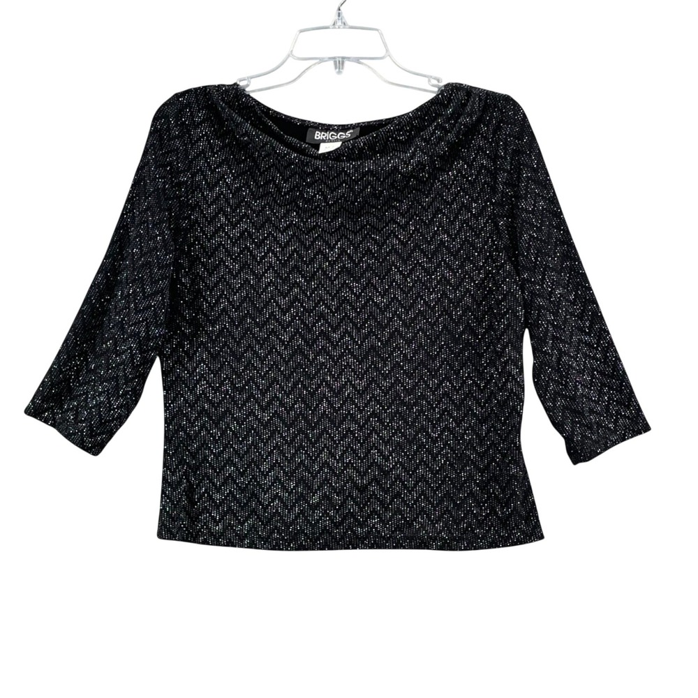 Briggs Blouse Womens Medium Petite Black Silver Metallic Shimmer Cowl Neck
